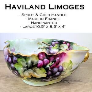Haviland Limoges France Hand Painted Handle Spout Bowl Grape Pattern Ruffle Edge